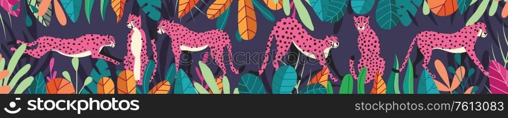 Collection of cute hand drawn pink cheetahs on dark purple tropical background, standing, stretching, running and walking with exotic plants. Flat vector illustration