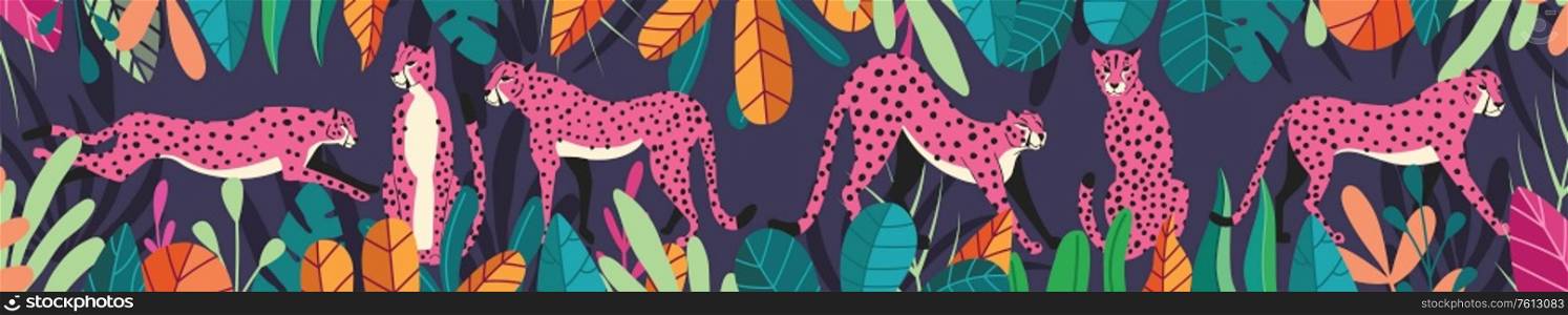 Collection of cute hand drawn pink cheetahs on dark purple tropical background, standing, stretching, running and walking with exotic plants. Flat vector illustration