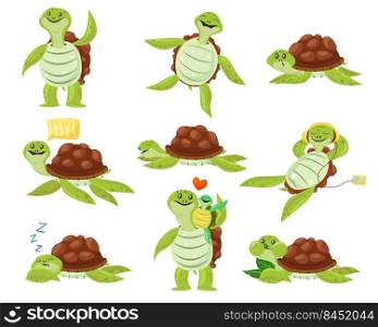 Collection of cute happy turtle set. Funny cartoon character dancing, sleeping, eating, enjoying leisure. Flat vector illustration for animals or wildlife concept, books or greeting cards design
