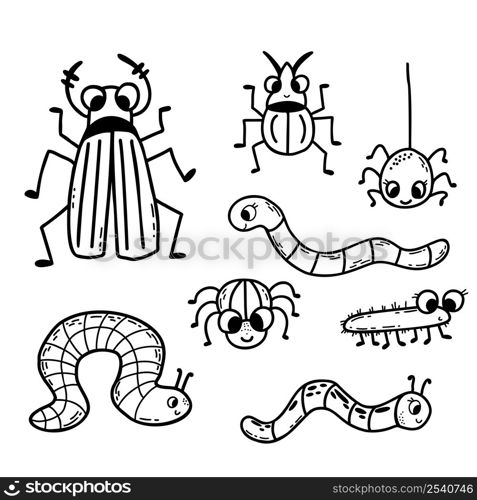 Collection of cute insects - beetles, spiders and worms. Linear hand drawing. Vector illustration. Isolated elements for design, decor, decoration and print