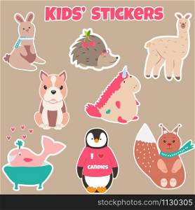 Collection of cute kids stickers with different animals. Set of cute kids stickers with different animals.