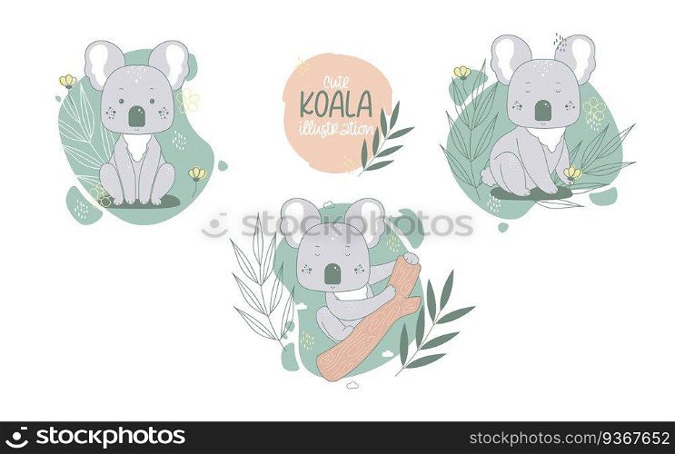 Collection of cute koalas cartoon animals. Vector illustration.