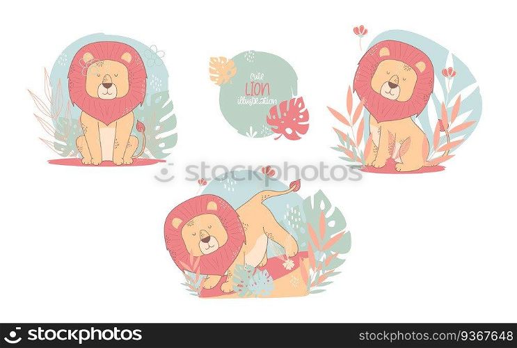 Collection of cute lions cartoon animals. Vector illustration.