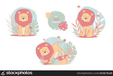 Collection of cute lions cartoon animals. Vector illustration.