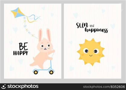 Collection of cute posters. Happy rabbit on scooter with kite and funny sun. Slogan - Be happy and sun and happiness. Vector illustration for baby collection, cards, design, decor, print