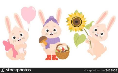 Collection of cute rabbits. Happy bunny with sunflower and balloon, autumn hare mushroom picker with basket of mushrooms. Vector illustration. Isolated characters for postcard, design and decor, print