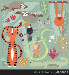 Collection of cute rain forest animals, tiger, snake, sloth, monkey, vector illustration