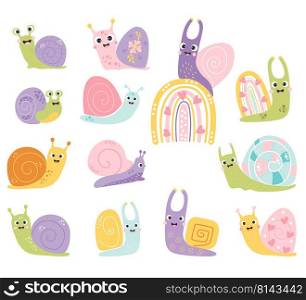Collection of cute snails. Funny insects. Decorative snail characters on rainbow with hearts and flowers. Vector illustration. Isolated elements for design, decor and print and decoration