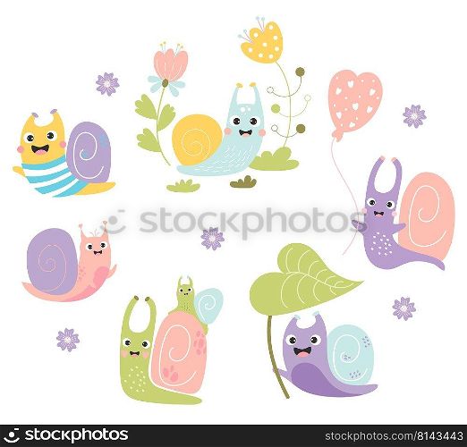 Collection of cute snails. Mother snail with baby, mollusk in flowers, cochlea sailor and balloon. Vector illustration. Isolated elements of funny insects for design, decor and print and decoration