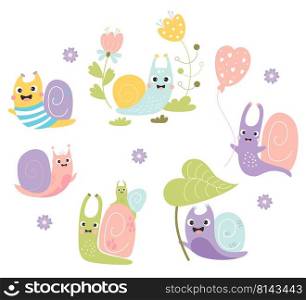 Collection of cute snails. Mother snail with baby, mollusk in flowers, cochlea sailor and balloon. Vector illustration. Isolated elements of funny insects for design, decor and print and decoration