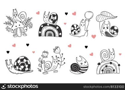 collection of cute snails with decorative flowers, on fly agaric mushroom and on rainbow, with balloon and cochlea sailor. Linear hand drawing. Vector illustration. Isolated elements for design, decor