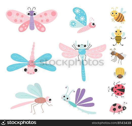 Collection of cute winged insects and beetles. Funny characters butterfly, dragonfly, bee and mosquito, ladybug and Colorado potato beetle. Vector illustration. Isolated elements for design and decor