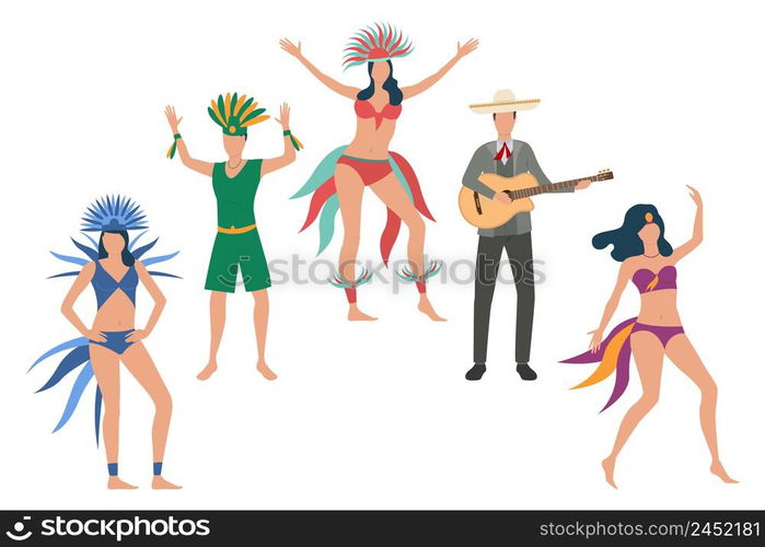 Collection of dancers in traditional costumes. Flat cartoon characters playing music and dancing at Brazilian carnival. Vector illustration for show poster, presentation, traveling project. Collection of dancers in traditional costumes