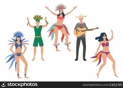 Collection of dancers in traditional costumes. Flat cartoon characters playing music and dancing at Brazilian carnival. Vector illustration for show poster, presentation, traveling project. Collection of dancers in traditional costumes