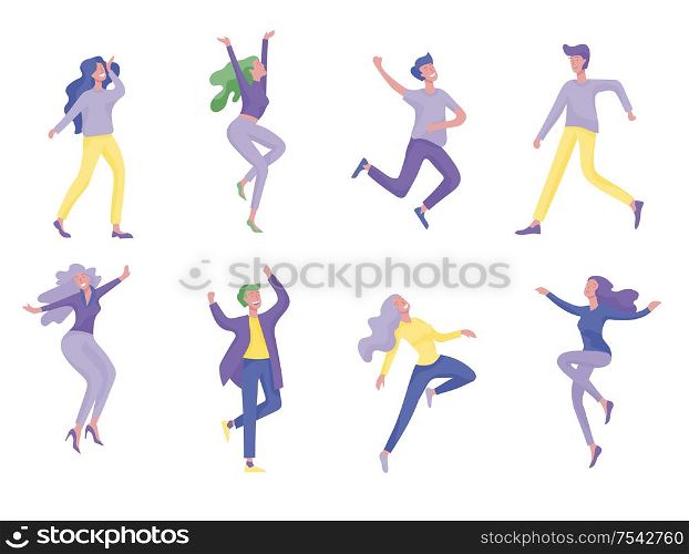 Collection of dancers. Men and women performing dance at school, studio. Male and female characters. Group of young happy dancing people. Smiling young men and women enjoying dance party. Collection of dancers. Men and women performing dance at school, studio. Male and female characters.