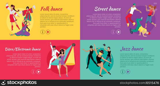 Collection of dancing web banners. Flat style. Folk, disco, electronic, street, jazz dance concepts with dancing women and men in modern and national clothes. For dancing club ad, landing page design. Set of Dancing Vector Web Banners in Flat Design. Set of Dancing Vector Web Banners in Flat Design