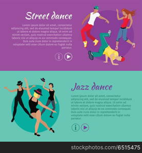 Collection of dancing web banners. Flat style. Street and jazz dance concepts with dancing women and men in modern casual, sportswear and scenic clothes. For dancing club, courses, landing page design. Set of Dancing Vector Web Banners in Flat Design. Set of Dancing Vector Web Banners in Flat Design