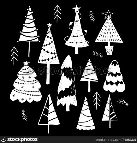 Collection of decorative Christmas trees. Various trees, with garland, simple and abstract. Vector isolated hand drawn doodle white line drawing on black background