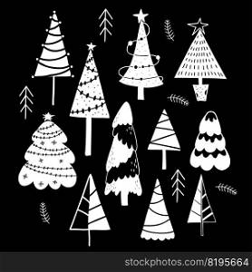 Collection of decorative Christmas trees. Various trees, with garland, simple and abstract. Vector isolated hand drawn doodle white line drawing on black background
