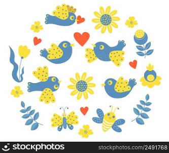 Collection of decorative cute birds, insects and flowers. dove with heart, butterfly and bee, flowers and branches in yellow and blue colors - of Ukrainian flag. Vector illustration for decor, design