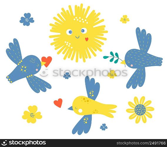 Collection of decorative yellow and blue birds and bees, Scandinavian rainbow with heart, mile sun and moon, cloud, rain and lightning. Vector illustration. Isolated elements for decor, design, print