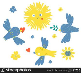 Collection of decorative yellow and blue birds and bees, Scandinavian rainbow with heart, mile sun and moon, cloud, rain and lightning. Vector illustration. Isolated elements for decor, design, print