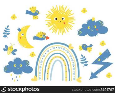 Collection of decorative yellow-blue birds with heart and dove with branch of peace and cute sun Yellow-blue colors of Ukrainian flag. Vector illustration. Isolated elements for decor, design, print