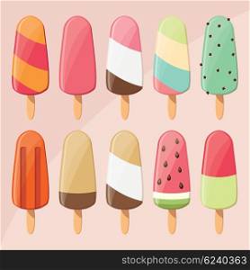 Collection of delicious glossy tasty ice cream popsicles, summer treat, vector illustration