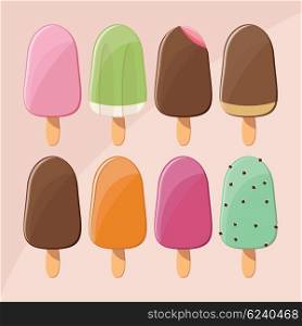 Collection of delicious glossy tasty ice cream popsicles, summer treat, vector illustration