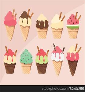 Collection of delicious tasty ice cream scoops and cones, summer treat, vector illustration