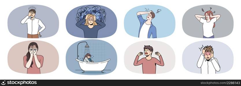 Collection of depressed young people feel despair suffer from mental psychological problem. Set of unhappy men and women suffer from depression or nervous breakdown. Vector illustration. . Set of stressed people struggle with mental problems
