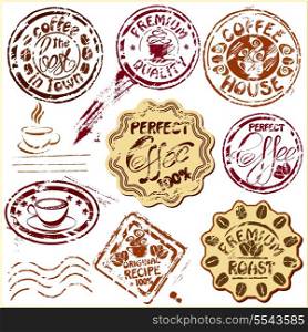 Collection of design elements - coffee cups icons, stylized sketch symbols and hand drawn calligraphic texts - postmarks - cafe or restaurant postage set.