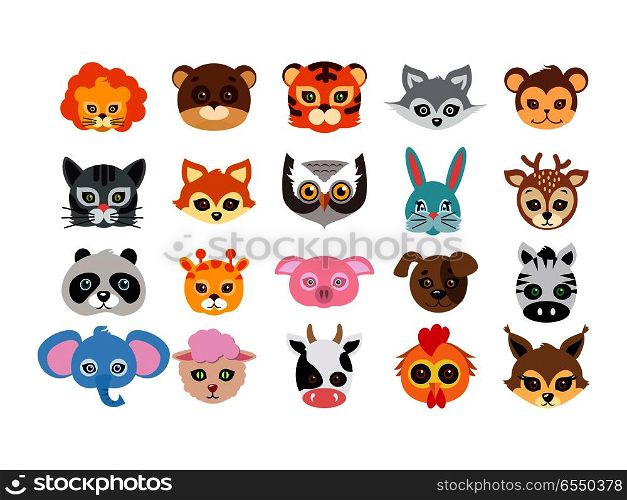 Collection of Different Animal Masks on Faces. Collection of different animal masks on face. Mask of lion, bear, tiger, rabbit, monkey, cat, fox, owl, hare, giraffe, deer, panda, pig dog zebra elephant sheep cow squirrel Vector in flat design