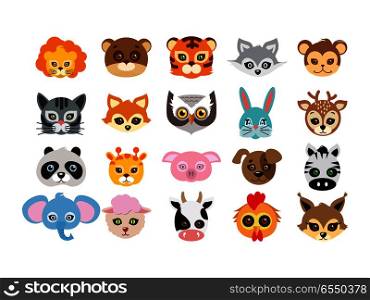 Collection of Different Animal Masks on Faces. Collection of different animal masks on face. Mask of lion, bear, tiger, rabbit, monkey, cat, fox, owl, hare, giraffe, deer, panda, pig dog zebra elephant sheep cow squirrel Vector in flat design