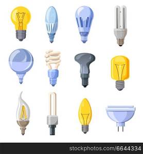 Collection of different bulbs isolated on white background. Vector illustration with set of twelve different shaped electric bulbs. Collection of Different Bulbs Vector Illustration