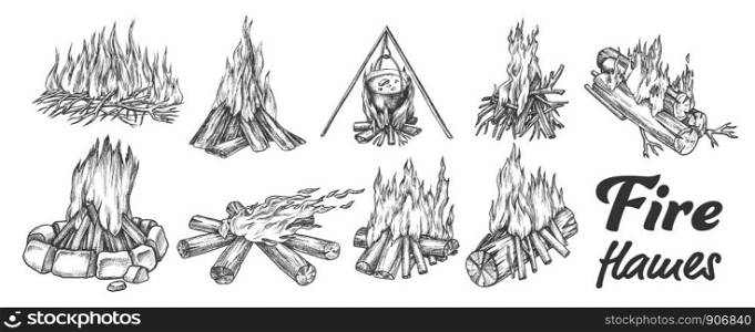 Collection Of Different Campfire Ink Set Vector. Forest Burning Firewood For Cooking Soup Meal. Warming Camping Tourist Campsite Light Element Hand Drawn In Vintage Style Monochrome Illustrations. Collection Of Different Campfire Ink Set Vector