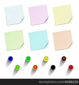 Collection of different colored note papers with drawing pin in various colours