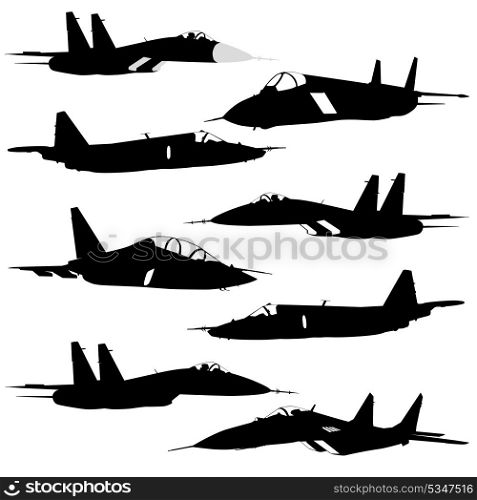 Collection of different combat aircraft silhouettes. vector illustration for designers