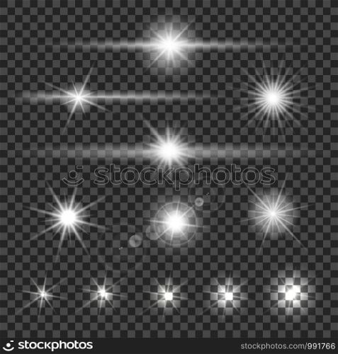Collection of different flare light effects on transparent background. Vector illustration
