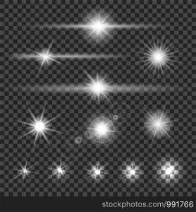 Collection of different flare light effects on transparent background. Vector illustration