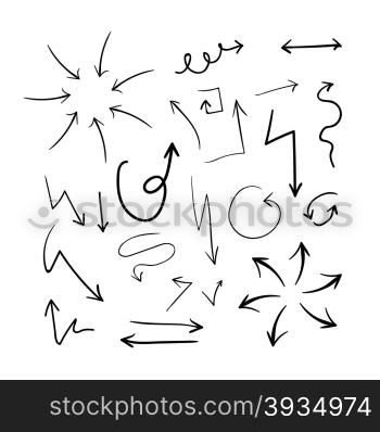 Collection of different hand drawn arrows isolated on white background