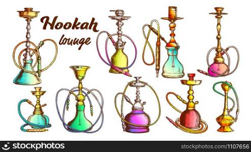 Collection of Different Hookah Set Ink Vector. Arabian Traditional Smoking Culture Hookah Lounge. Oriental Smoke Relaxation Aroma Tobacco Equipment Color Hand Drawn Illustrations. Collection of Different Hookah Set Ink Vector