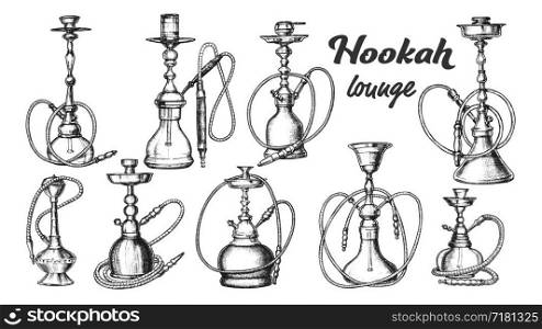 Collection of Different Hookah Set Ink Vector. Arabian Traditional Smoking Culture Hookah Lounge. Oriental Smoke Relaxation Aroma Tobacco Equipment Monochrome Hand Drawn Illustrations. Collection of Different Hookah Set Ink Vector