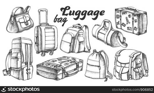 Collection Of Different Luggage Ink Set Vector. Assortment Of Luggage Bag For Business Trip, Extreme Tourist Travel. Modern And Retro Suitcases Designed In Vintage Style Black And White Illustrations. Collection Of Different Luggage Ink Set Vector