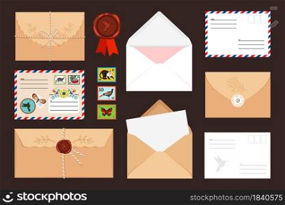 Collection of different open and closed envelopes with postage stamps and wax seal