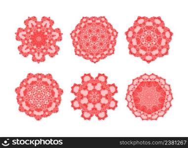 Collection of different red snowflakes. Winter abstract pattern. Red snowflakes on white background
