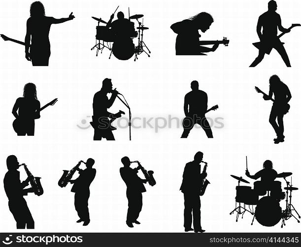 Collection of different rock and jazz silhouettes. Vector illustration.