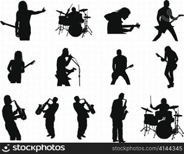 Collection of different rock and jazz silhouettes. Vector illustration.