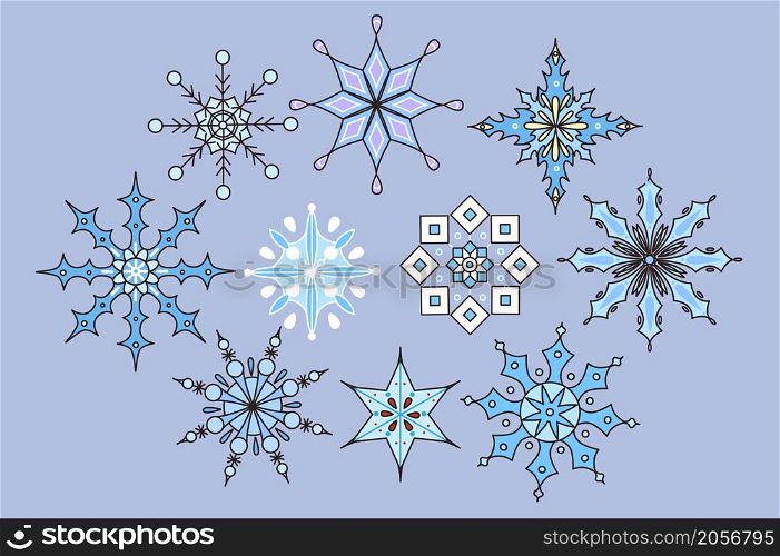 Collection of different size snowflakes. New Year or Christmas celebration. Set of flakes of snow for winter holidays or merry xmas. Cold frozen snowy vacation. Flat vector illustration. . Winter set of various size snowflakes