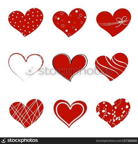 Collection of different style hearts separated on white background